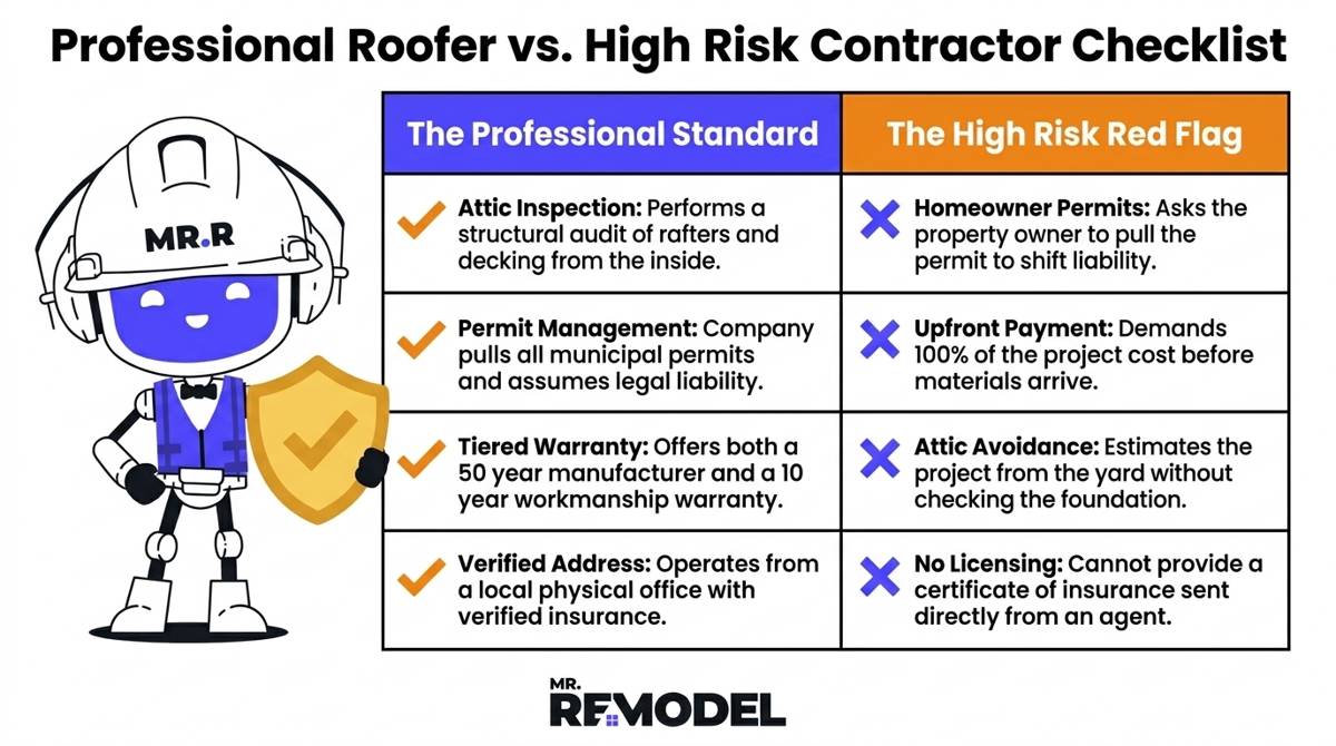 A 2026 roofing contractor vetting summary infographic comparing professional standards like attic inspections and permit management against common industry red flags.